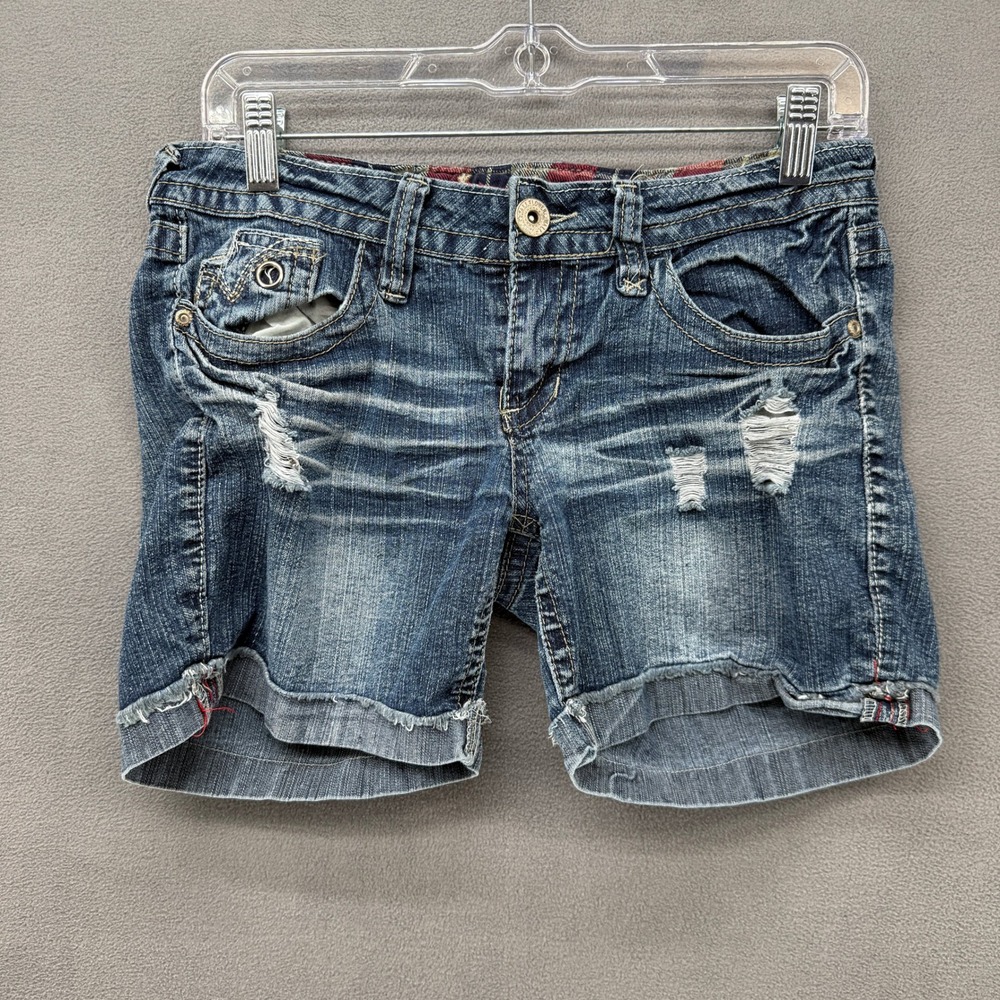 WallFlower Denim Shorts  Women Medium Wash Distressed Size 7 Plaid Trim Low Rise